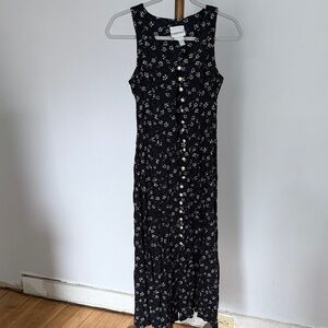 Vintage 90s Fashion Bug Black Floral Button-down Midi Dress